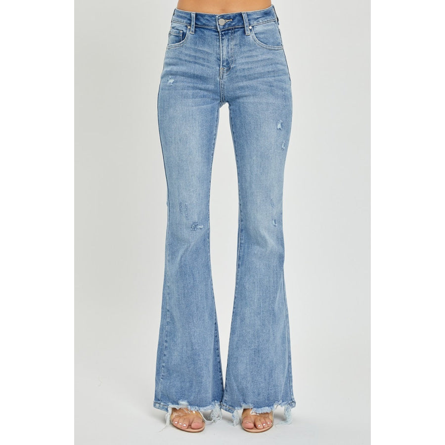 Risen Full Size High Rise Frayed Hem Flare Jeans Apparel and Accessories