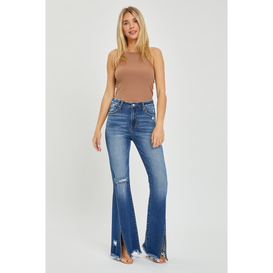 RISEN Full Size High Rise Front Slit Frayed Hem Flare Jeans Apparel and Accessories
