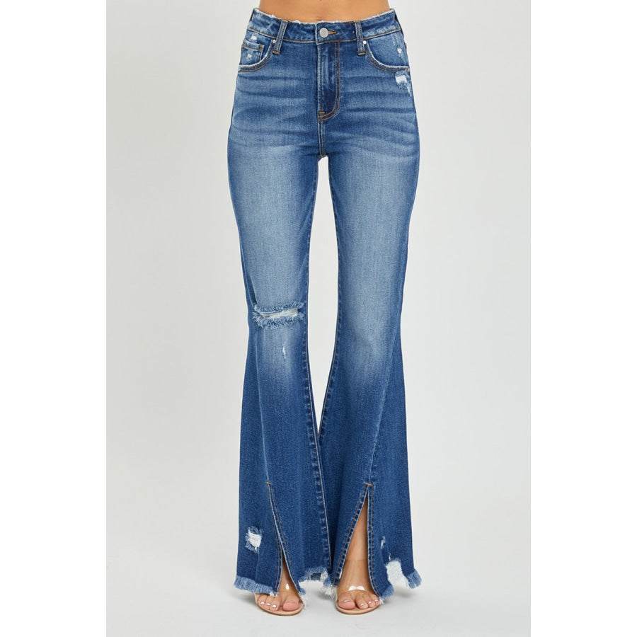 RISEN Full Size High Rise Front Slit Frayed Hem Flare Jeans Apparel and Accessories