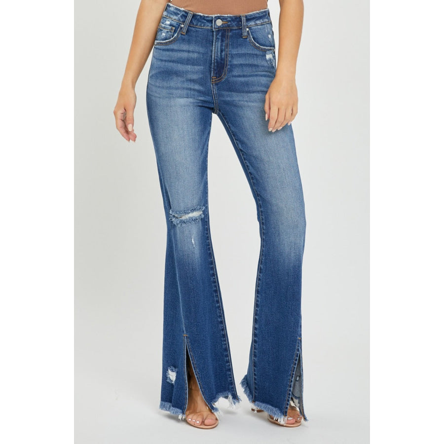 RISEN Full Size High Rise Front Slit Frayed Hem Flare Jeans Apparel and Accessories