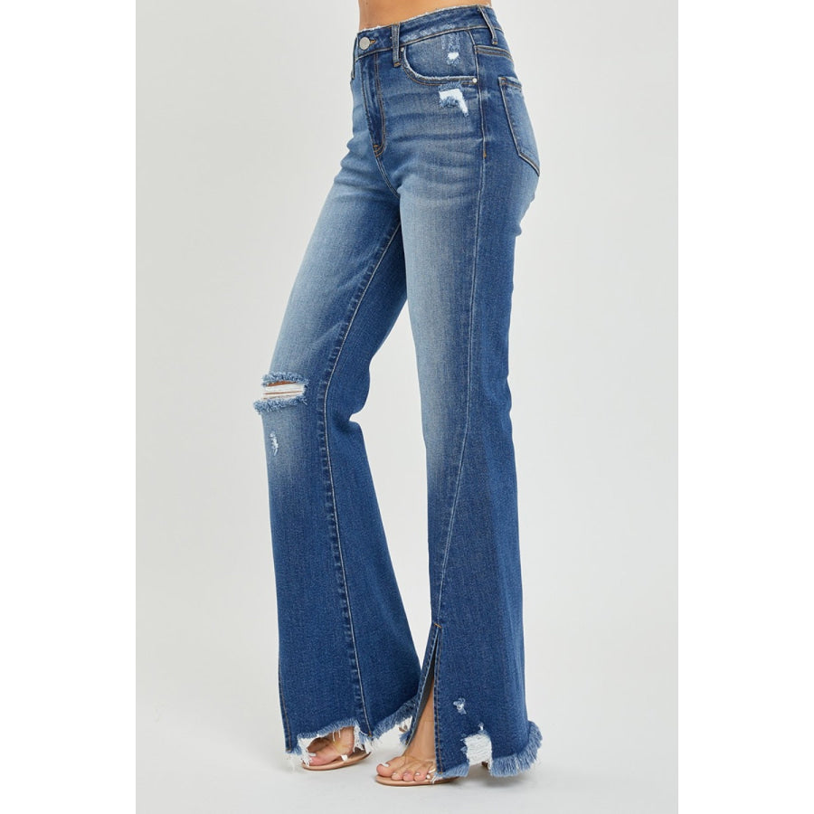 RISEN Full Size High Rise Front Slit Frayed Hem Flare Jeans Apparel and Accessories