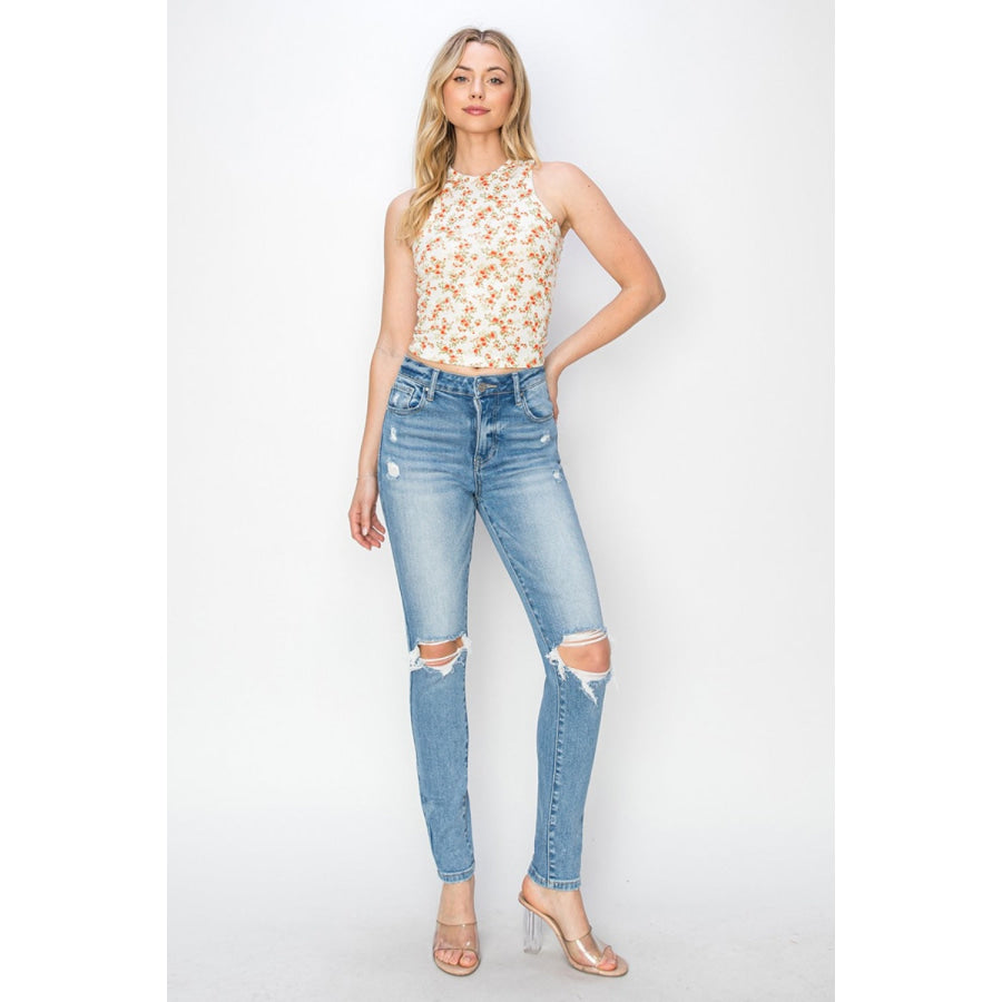 Risen Full Size High Rise Knee Distressed Skinny Jeans Apparel and Accessories