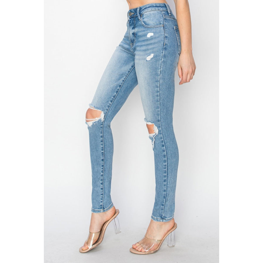 Risen Full Size High Rise Knee Distressed Skinny Jeans Apparel and Accessories