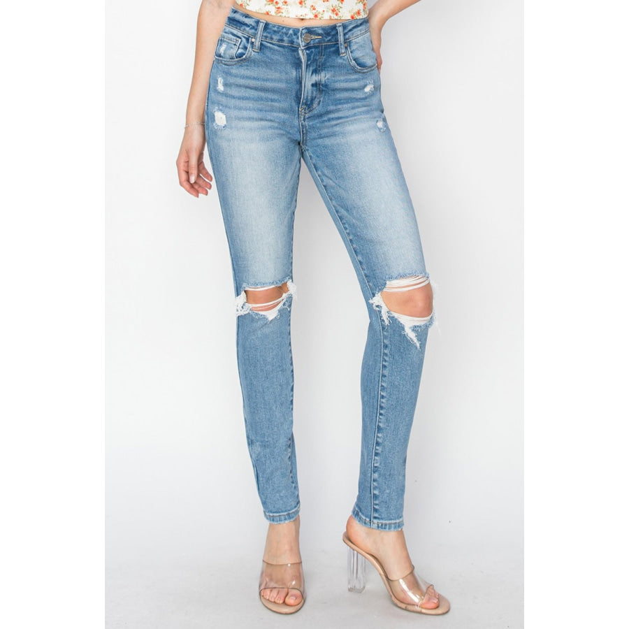 Risen Full Size High Rise Knee Distressed Skinny Jeans Apparel and Accessories