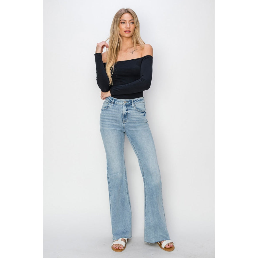 RISEN Full Size High Rise Raw Cut Hem Bootcut Jeans Apparel and Accessories