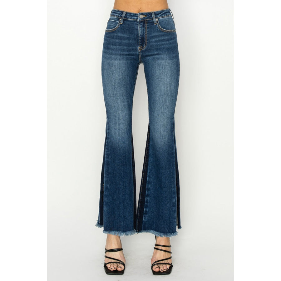 RISEN Full Size High Rise Side Shadow Seam Detail Slit Flare Jeans Apparel and Accessories