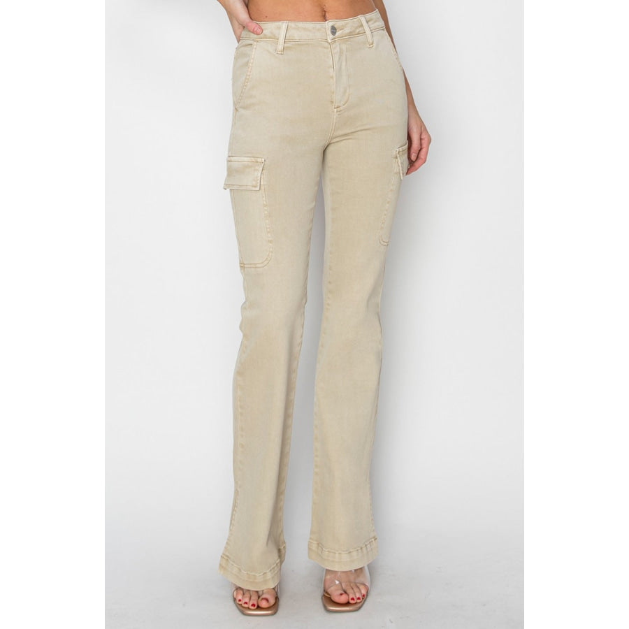 RISEN Full Size High Rise Side Slit Cargo Bootcut Jeans Apparel and Accessories
