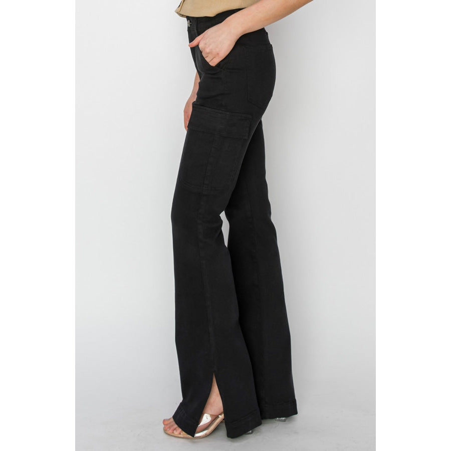 Risen Full Size High Rise Side Slit Cargo Bootcut Jeans Apparel and Accessories