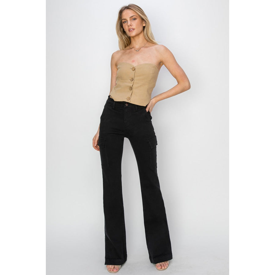 Risen Full Size High Rise Side Slit Cargo Bootcut Jeans Apparel and Accessories