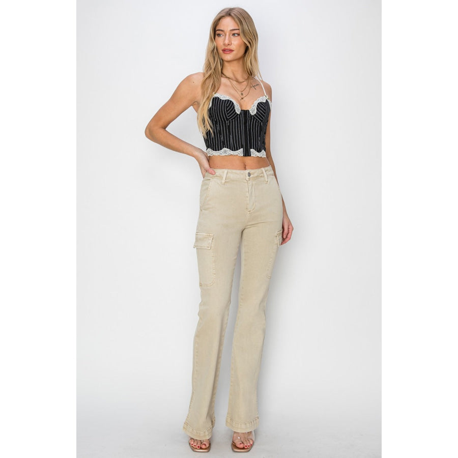RISEN Full Size High Rise Side Slit Cargo Bootcut Jeans Apparel and Accessories