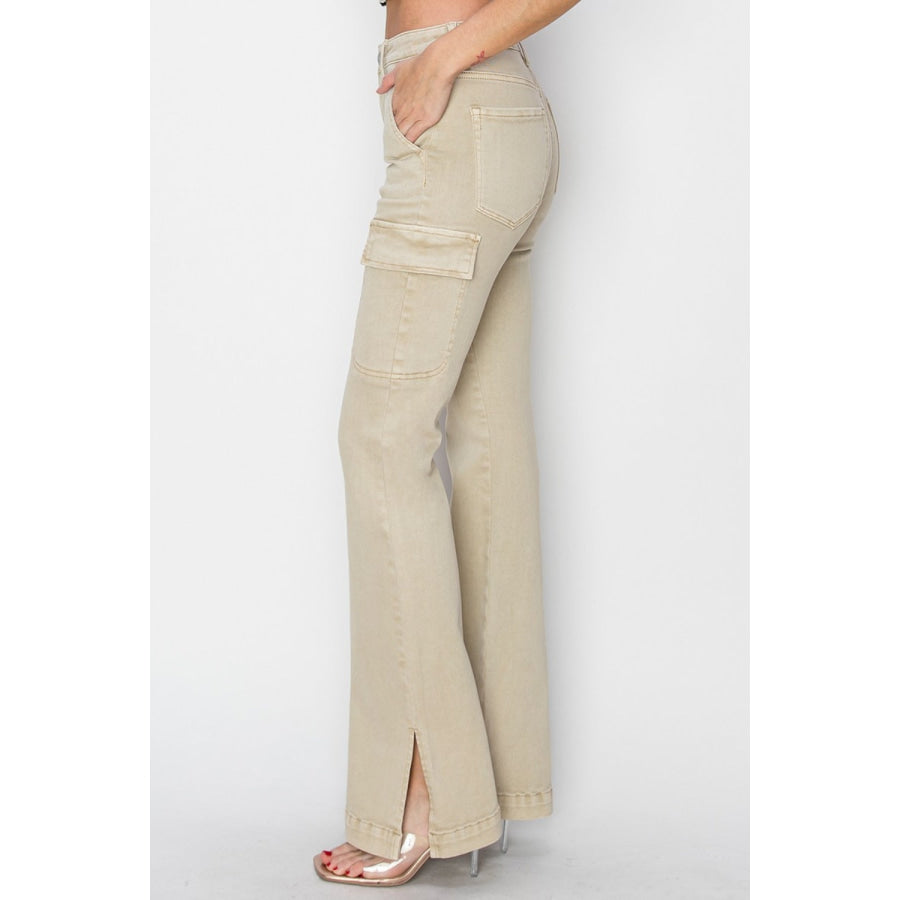 RISEN Full Size High Rise Side Slit Cargo Bootcut Jeans Apparel and Accessories