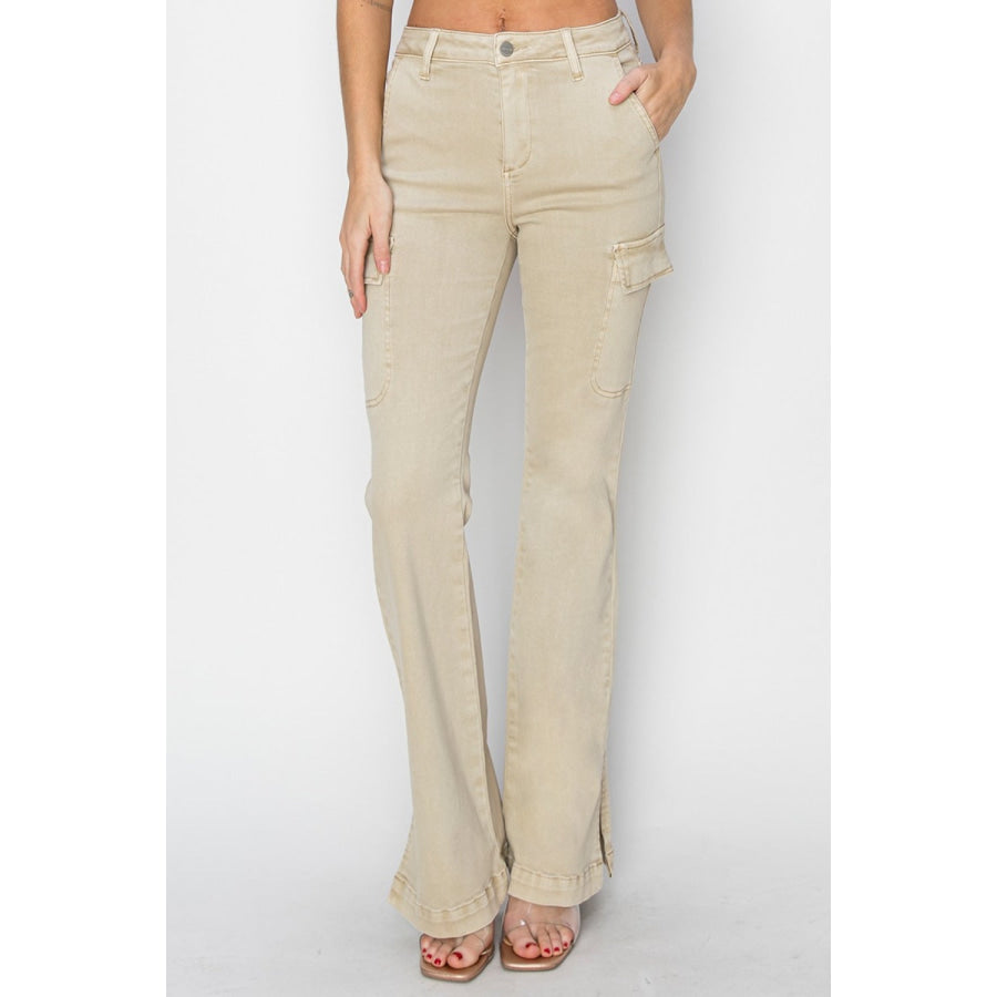 RISEN Full Size High Rise Side Slit Cargo Bootcut Jeans Apparel and Accessories
