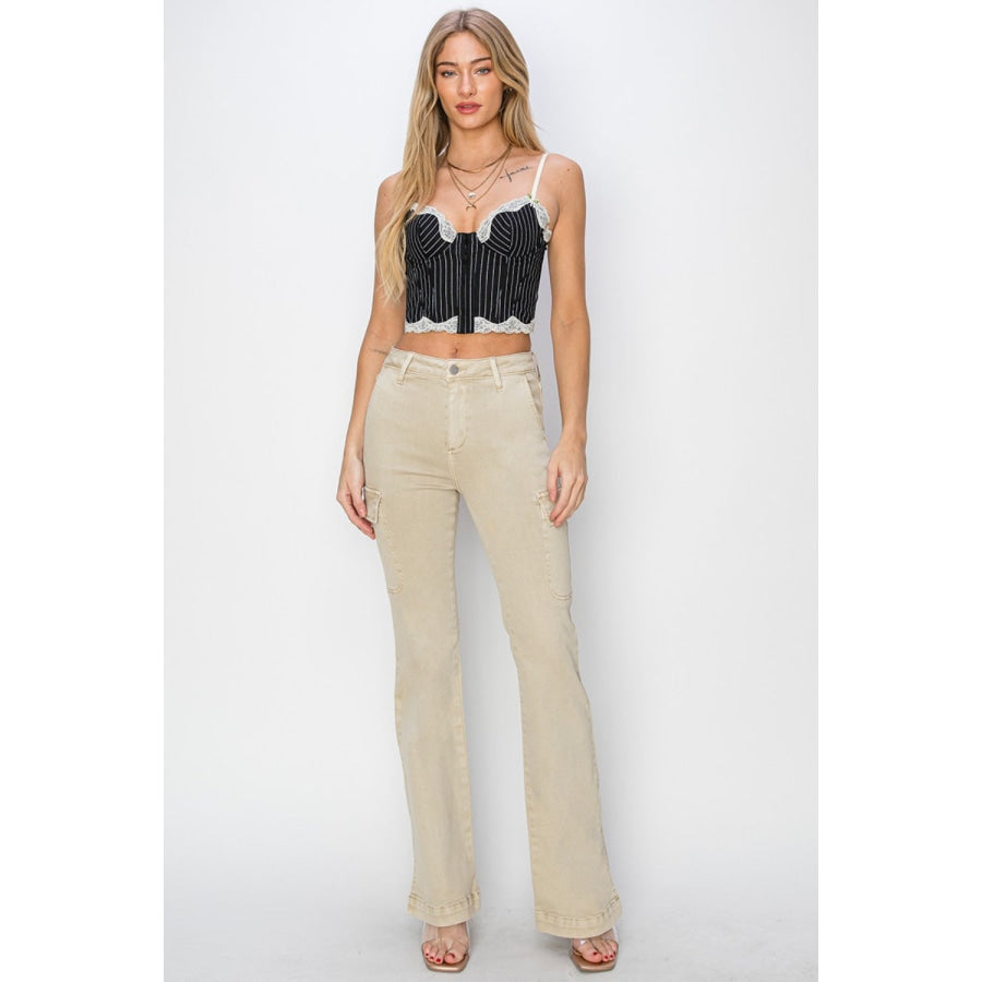 RISEN Full Size High Rise Side Slit Cargo Bootcut Jeans Apparel and Accessories