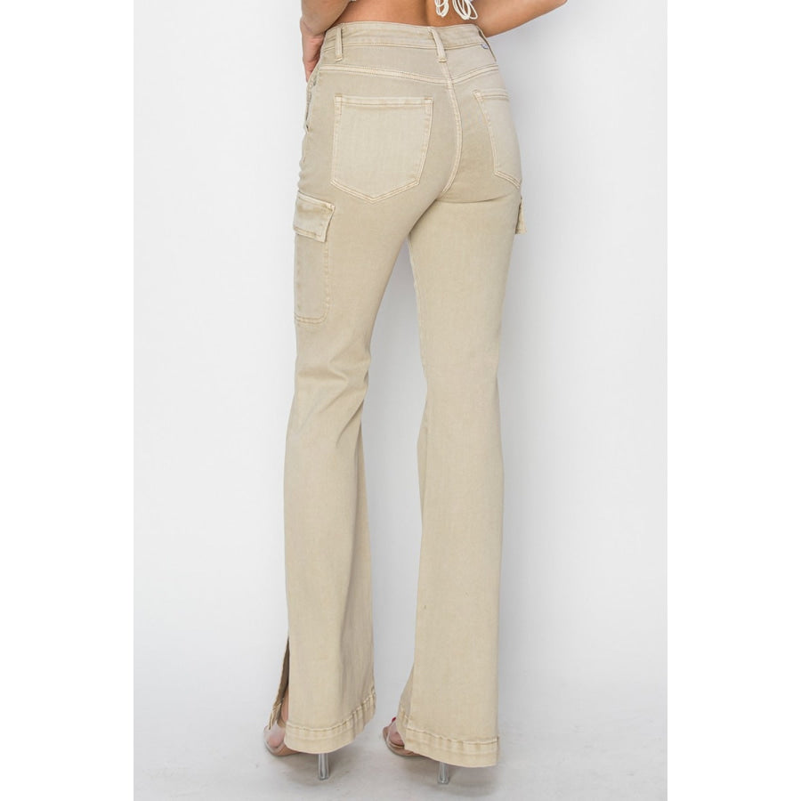 RISEN Full Size High Rise Side Slit Cargo Bootcut Jeans Apparel and Accessories