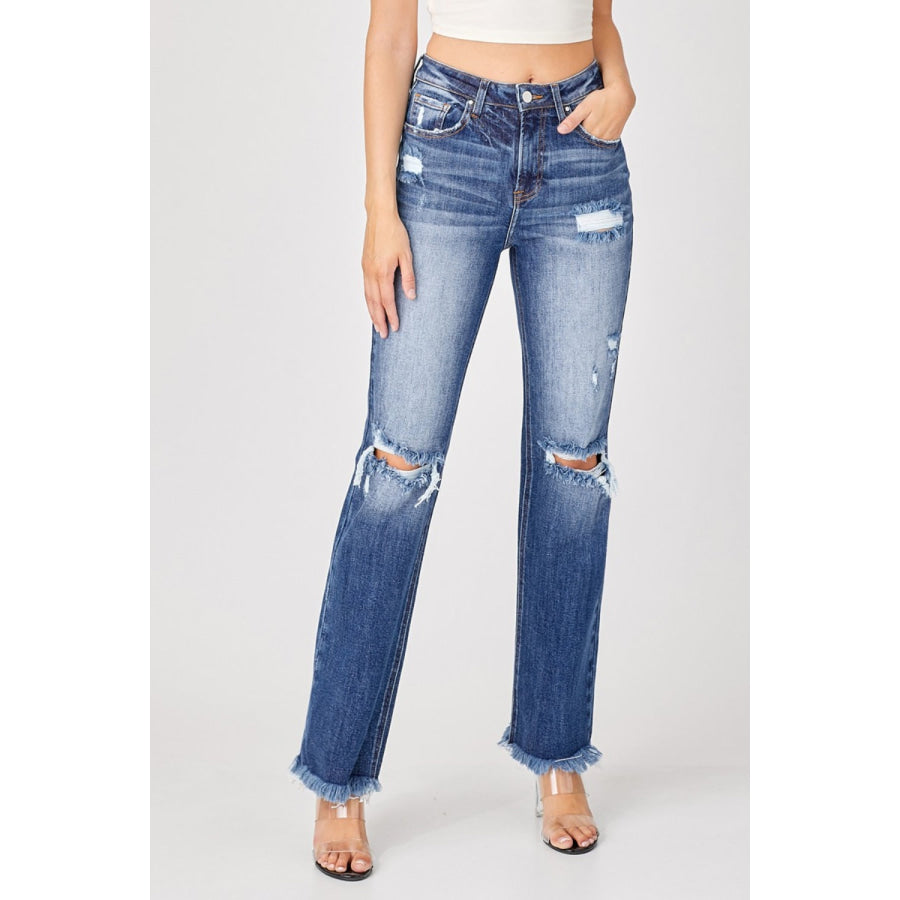 Risen Full Size Raw Hem Distressed Straight Jeans Apparel and Accessories