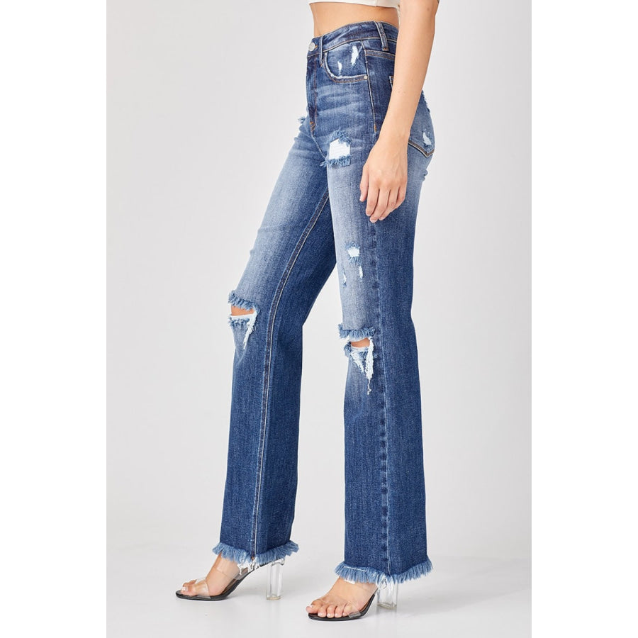 Risen Full Size Raw Hem Distressed Straight Jeans Apparel and Accessories