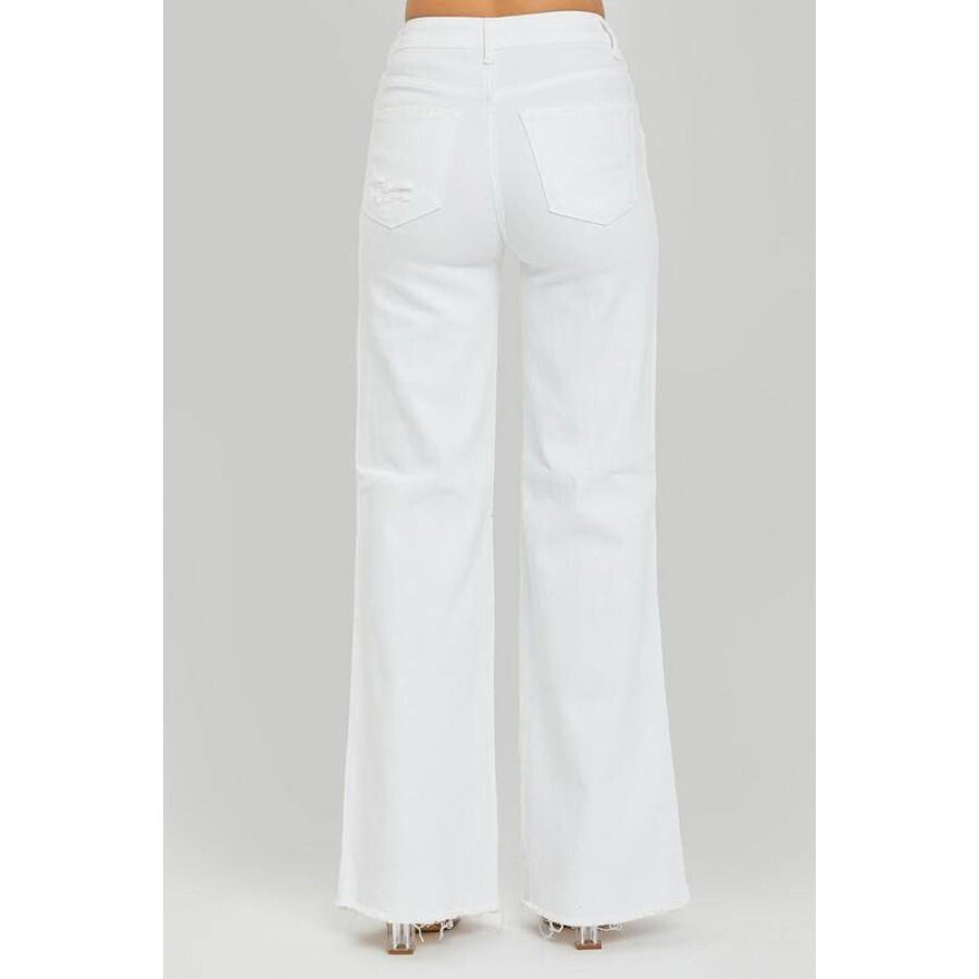Risen High Rise Distressed Wide Leg Dad Jeans White / Jeans