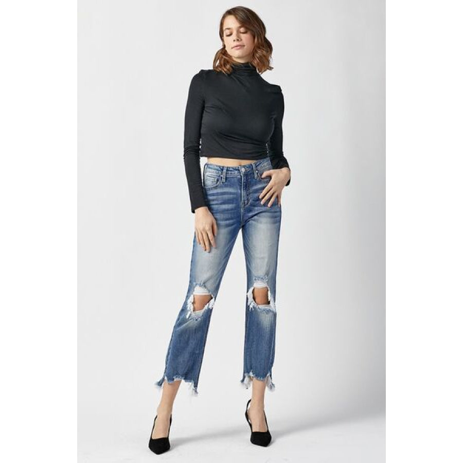 RISEN High Waist Distressed Frayed Hem Cropped Straight Jeans Apparel and Accessories