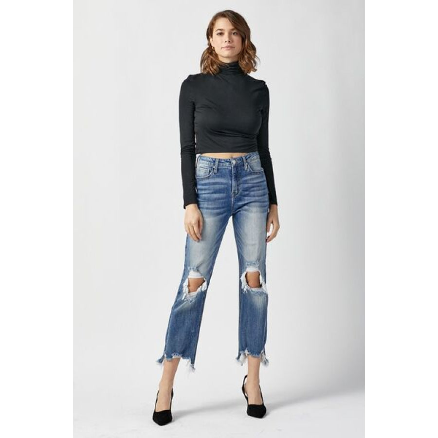 RISEN High Waist Distressed Frayed Hem Cropped Straight Jeans Apparel and Accessories