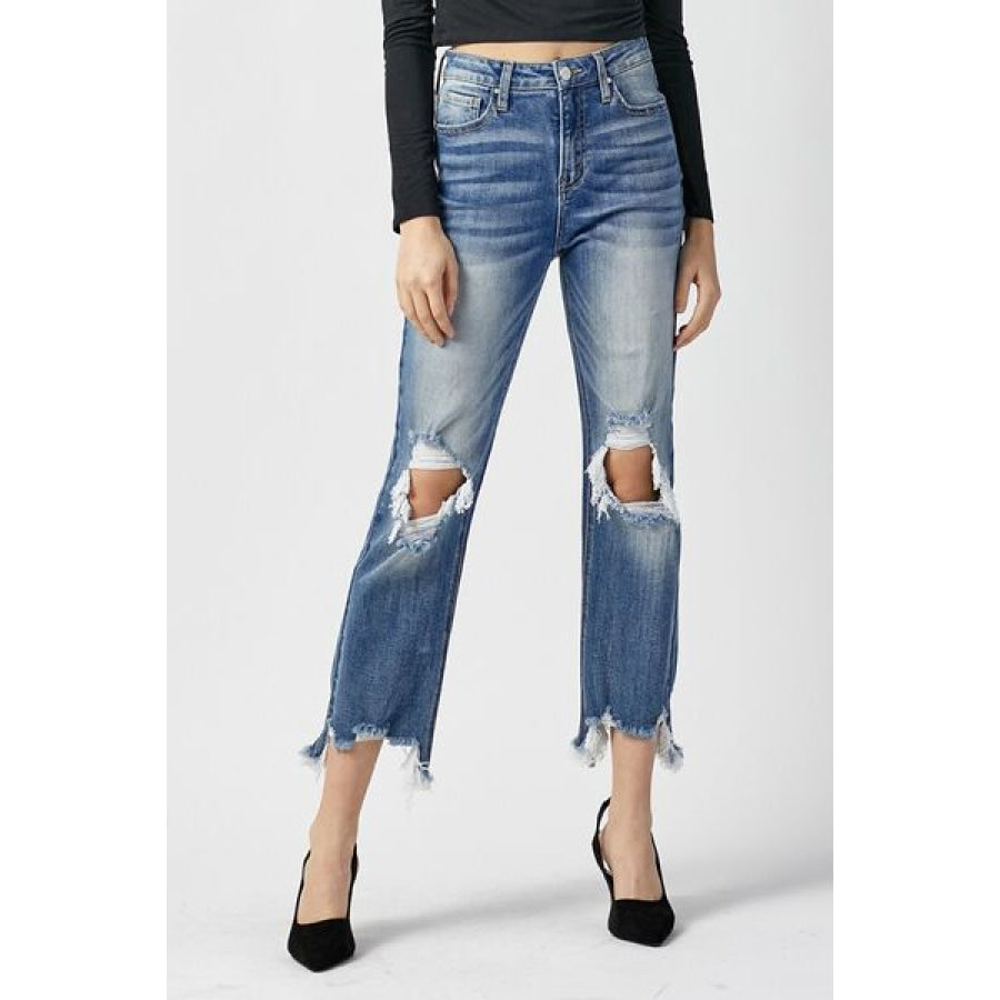 RISEN High Waist Distressed Frayed Hem Cropped Straight Jeans Apparel and Accessories