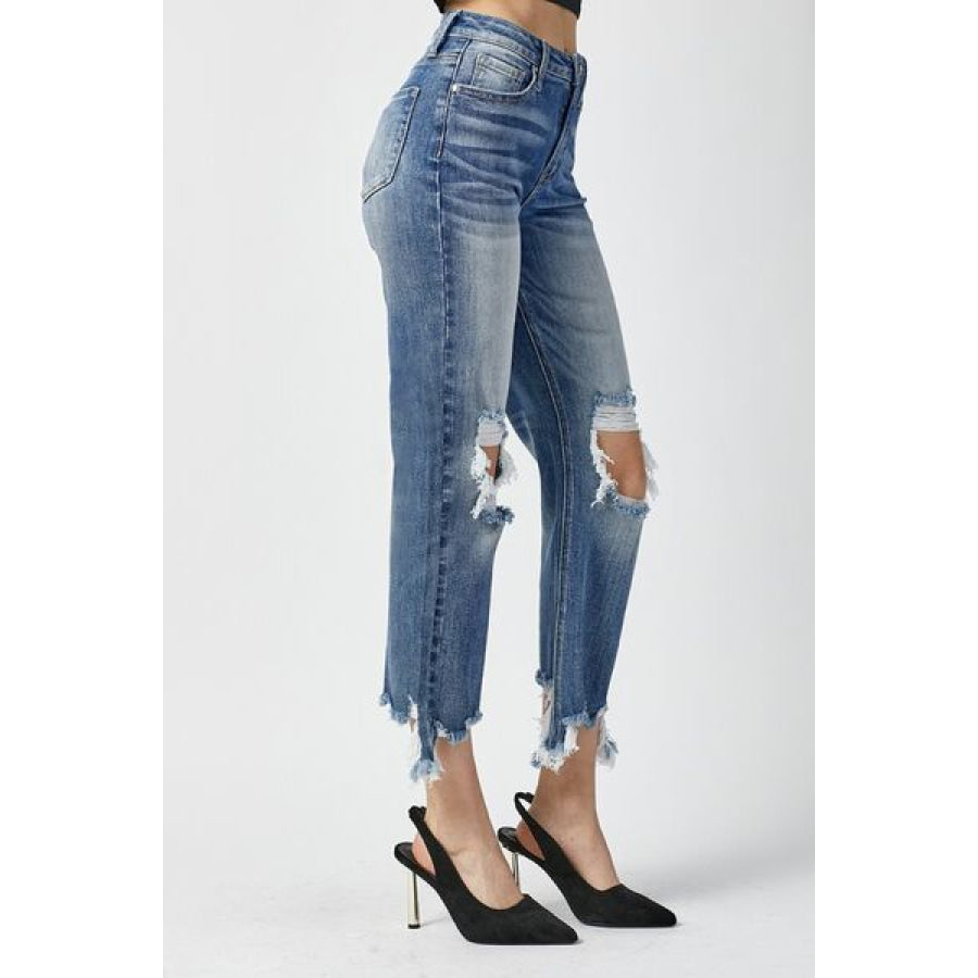 RISEN High Waist Distressed Frayed Hem Cropped Straight Jeans Apparel and Accessories