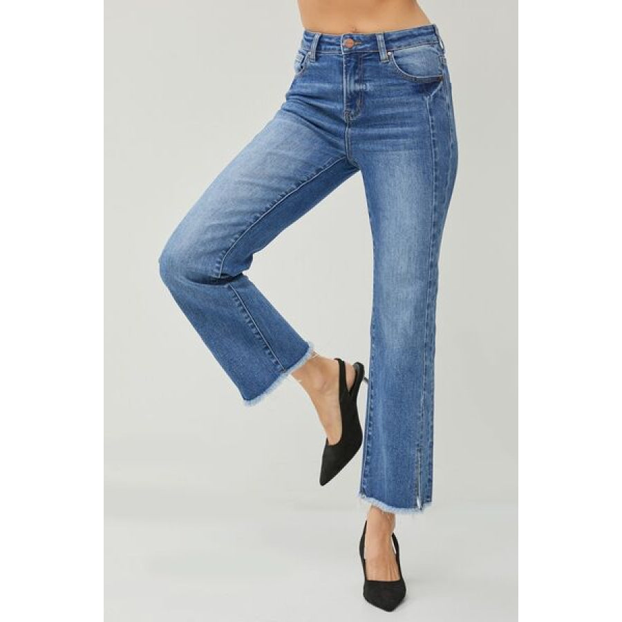 RISEN High Waist Raw Hem Slit Straight Jeans Apparel and Accessories