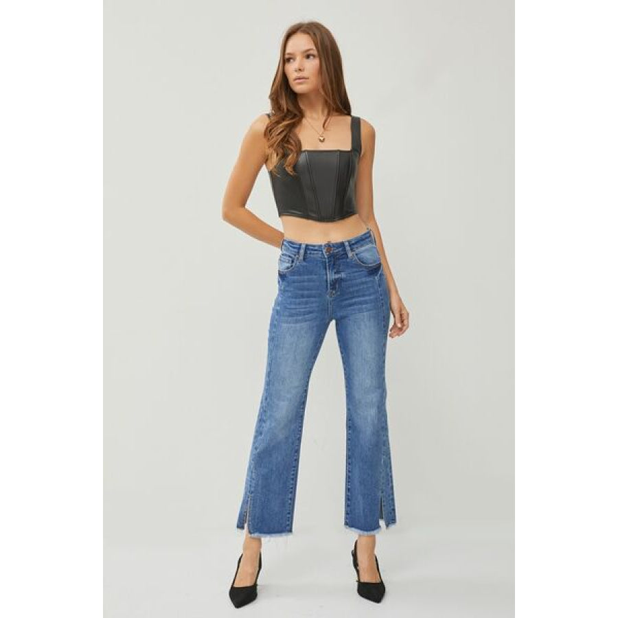 RISEN High Waist Raw Hem Slit Straight Jeans Apparel and Accessories