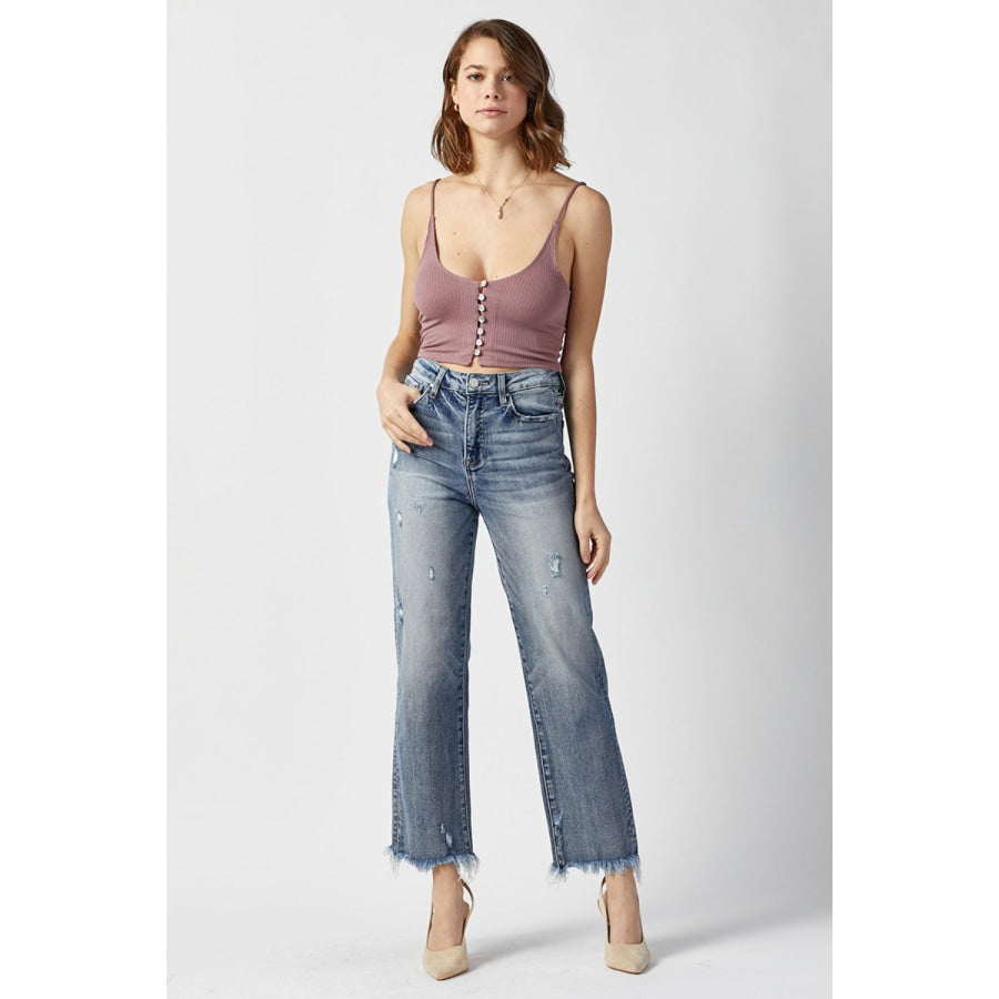 RISEN High Waist Raw Hem Straight Jeans Apparel and Accessories