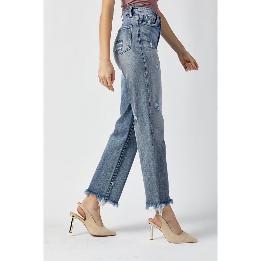 RISEN High Waist Raw Hem Straight Jeans Apparel and Accessories