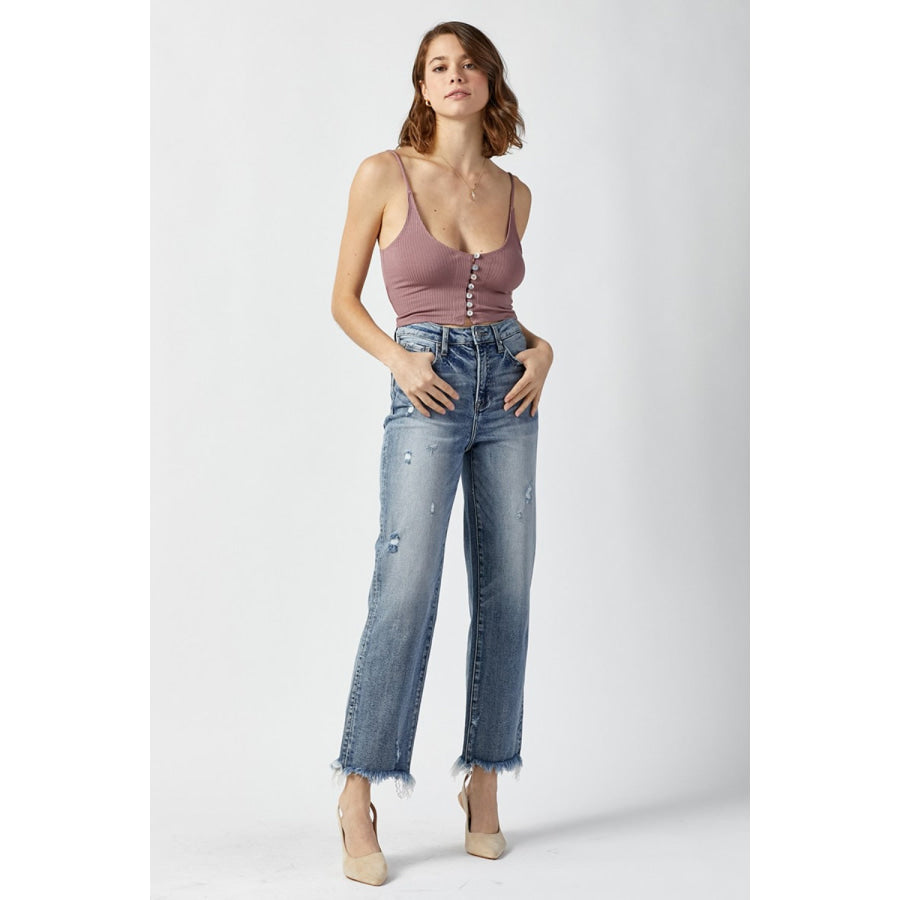 RISEN High Waist Raw Hem Straight Jeans Apparel and Accessories