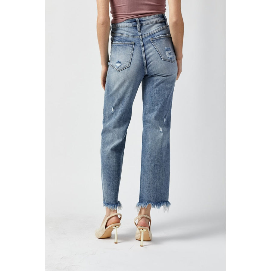 RISEN High Waist Raw Hem Straight Jeans Apparel and Accessories