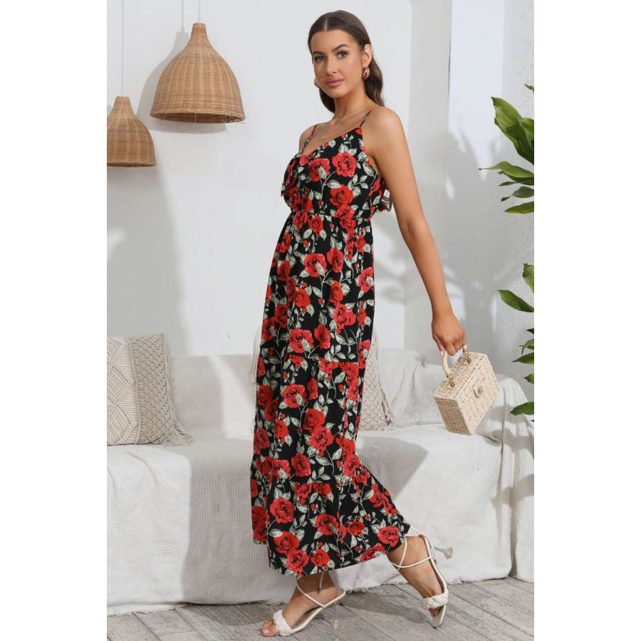 Rose Print Spaghetti Strap Sweetheart Neck Dress