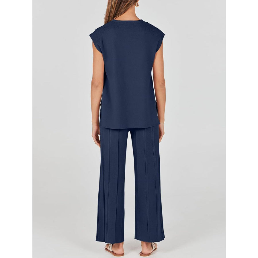 Round Neck Cap Sleeve Top and Pants Knit Set Apparel and Accessories