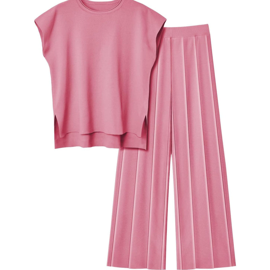 Round Neck Cap Sleeve Top and Pants Knit Set Apparel and Accessories