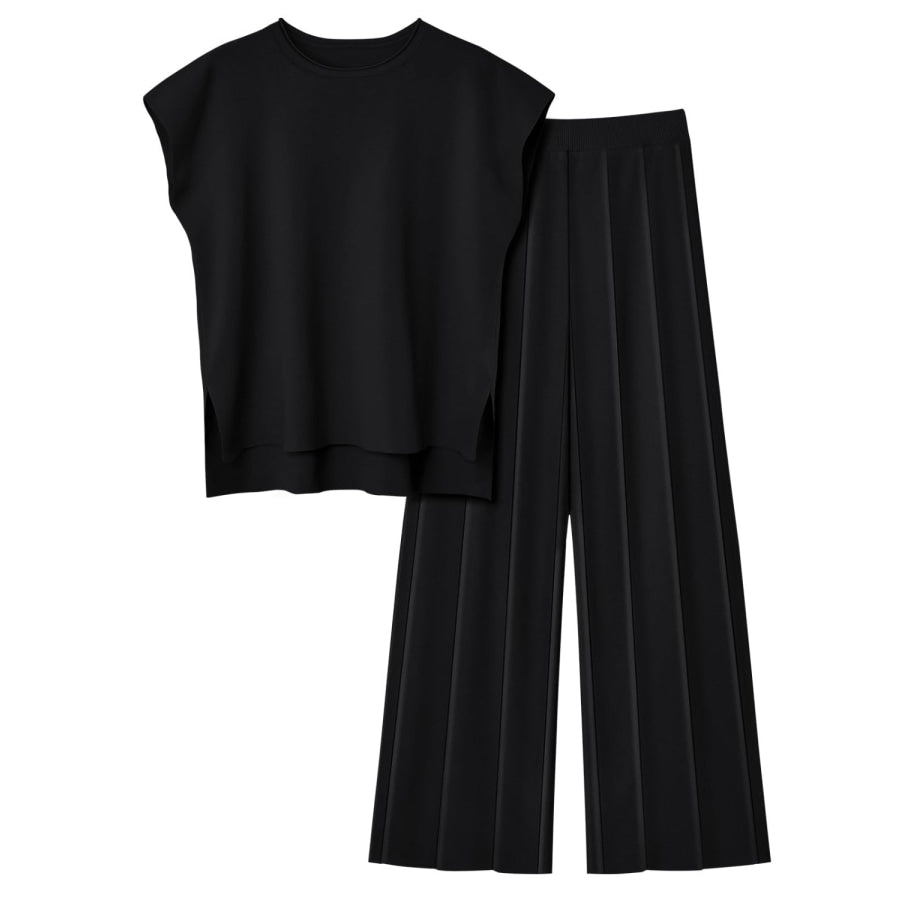 Round Neck Cap Sleeve Top and Pants Knit Set Apparel and Accessories