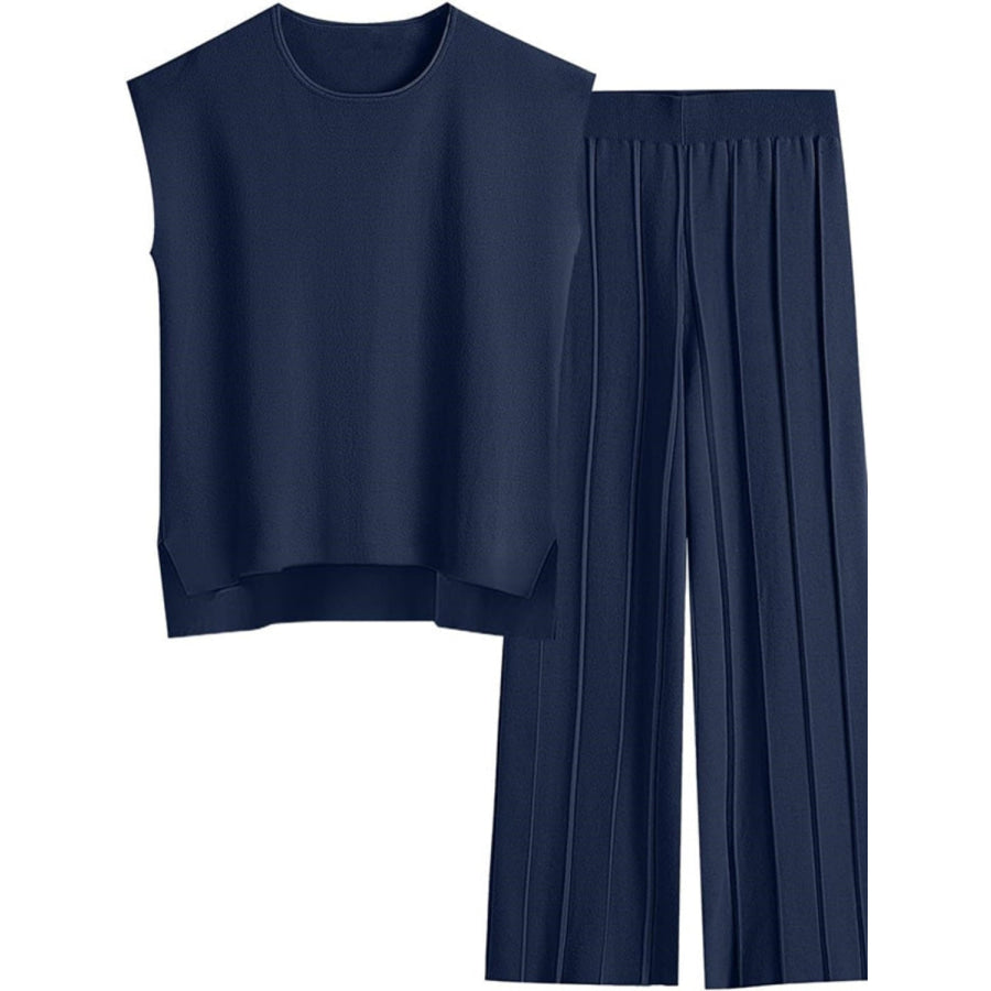 Round Neck Cap Sleeve Top and Pants Knit Set Apparel and Accessories