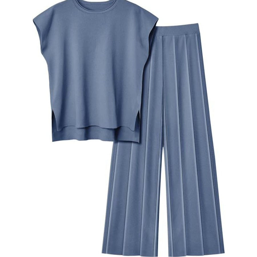 Round Neck Cap Sleeve Top and Pants Knit Set Apparel and Accessories
