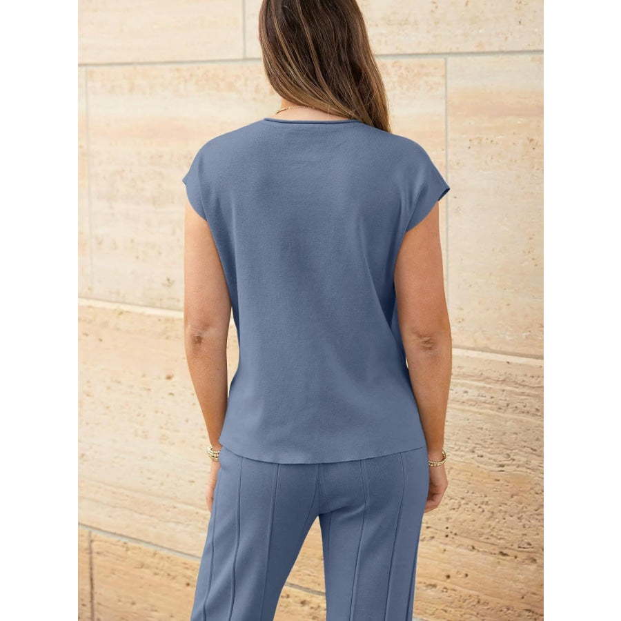 Round Neck Cap Sleeve Top and Pants Knit Set Apparel and Accessories