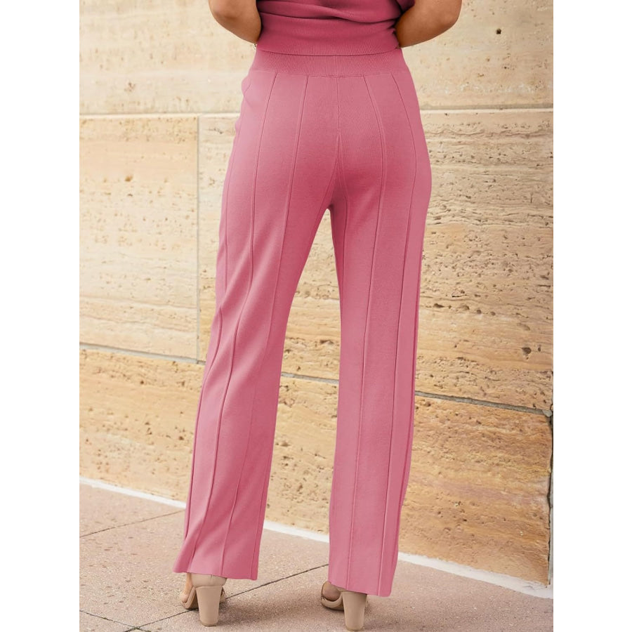 Round Neck Cap Sleeve Top and Pants Knit Set Apparel and Accessories