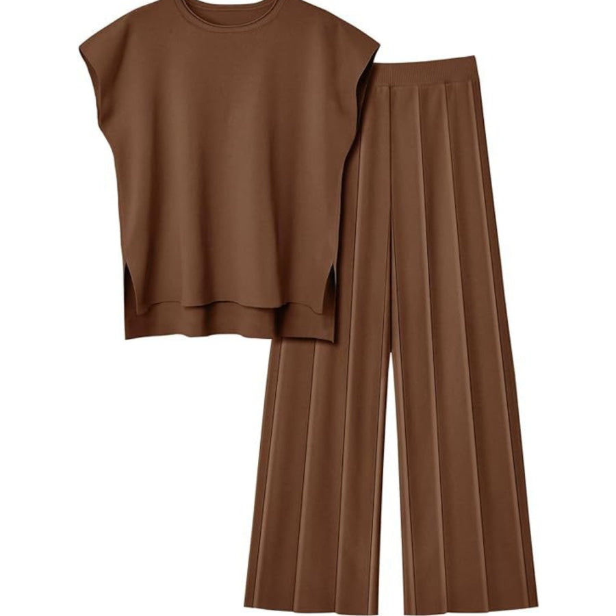 Round Neck Cap Sleeve Top and Pants Knit Set Apparel and Accessories