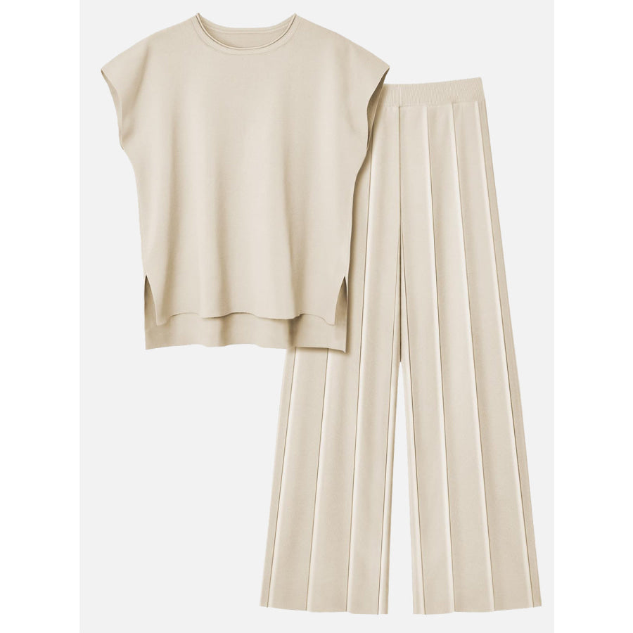 Round Neck Cap Sleeve Top and Pants Knit Set Beige / S Apparel and Accessories