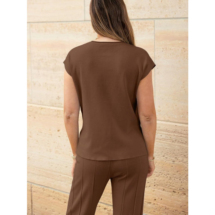 Round Neck Cap Sleeve Top and Pants Knit Set Chestnut / S Apparel and Accessories