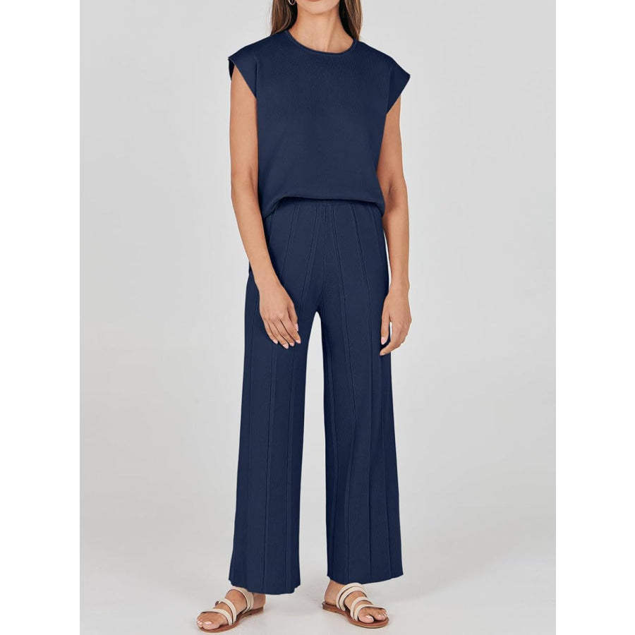 Round Neck Cap Sleeve Top and Pants Knit Set Dark Navy / S Apparel and Accessories