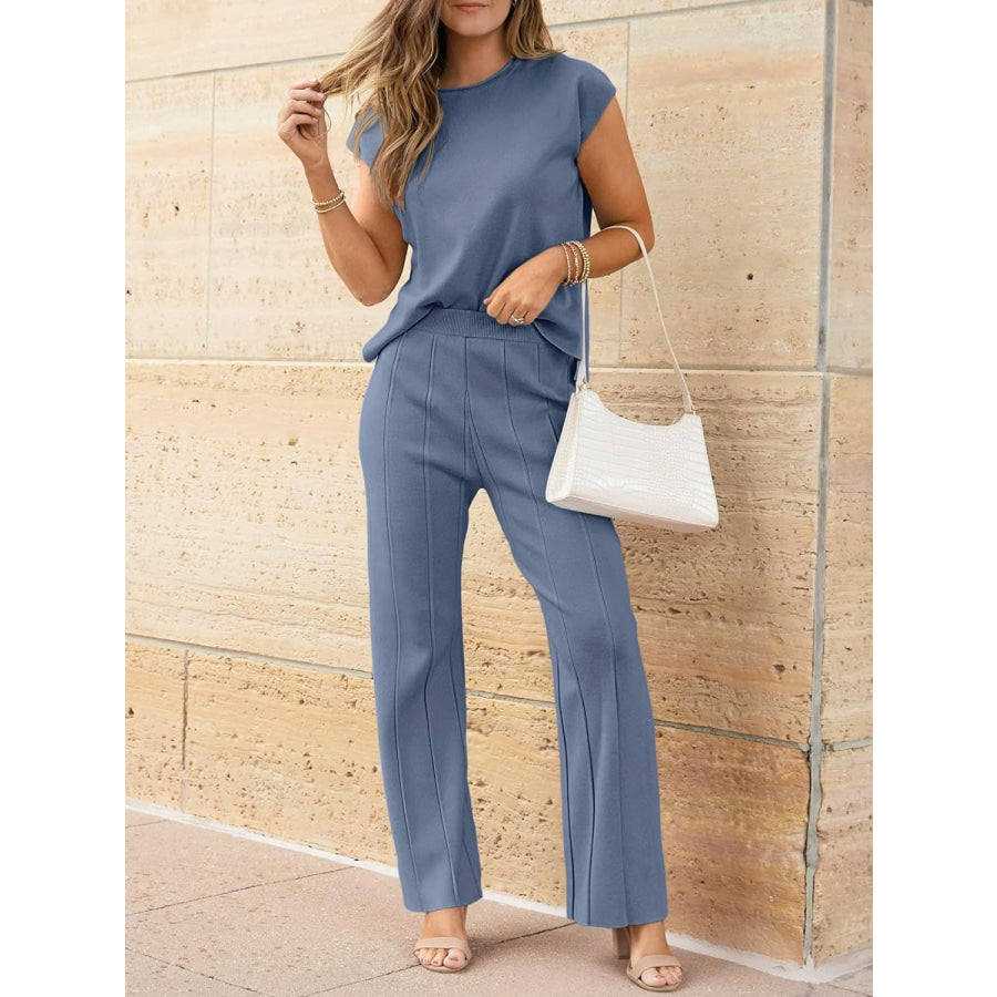 Round Neck Cap Sleeve Top and Pants Knit Set Dusty Blue / S Apparel and Accessories