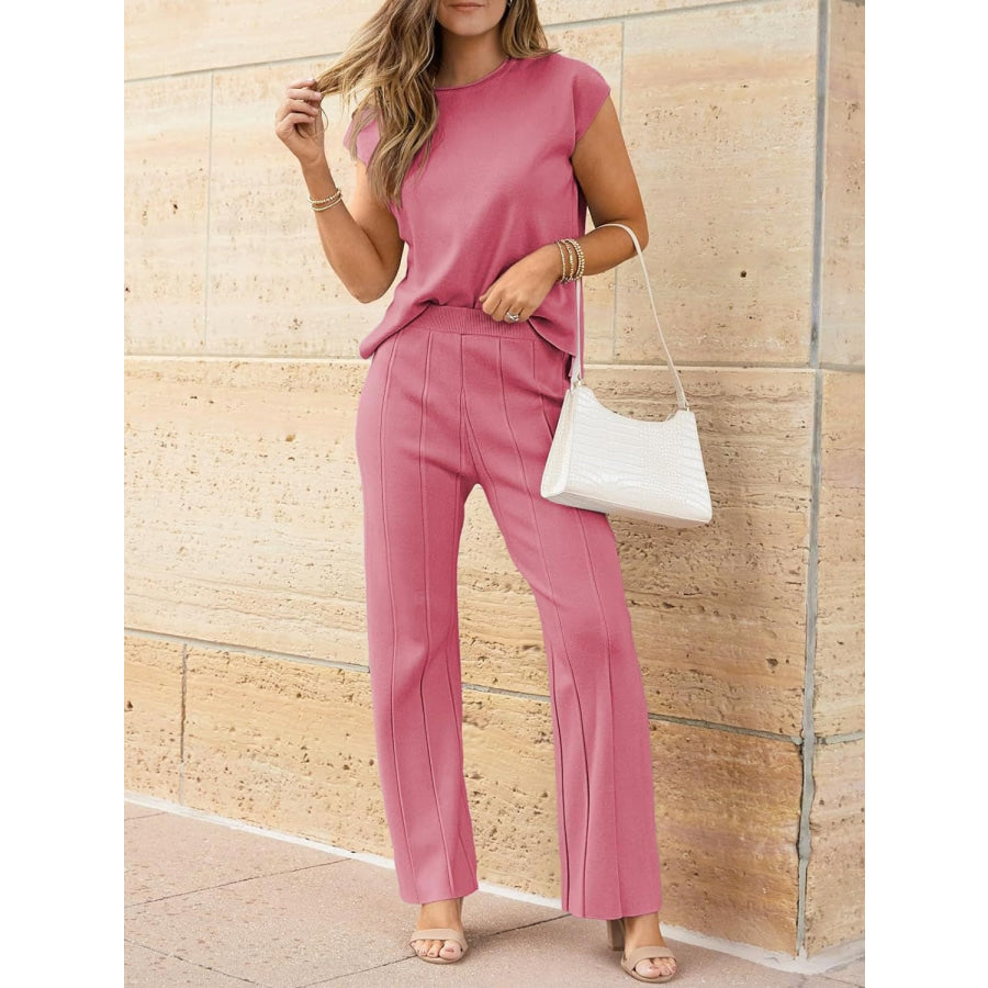 Round Neck Cap Sleeve Top and Pants Knit Set Light Mauve / S Apparel and Accessories