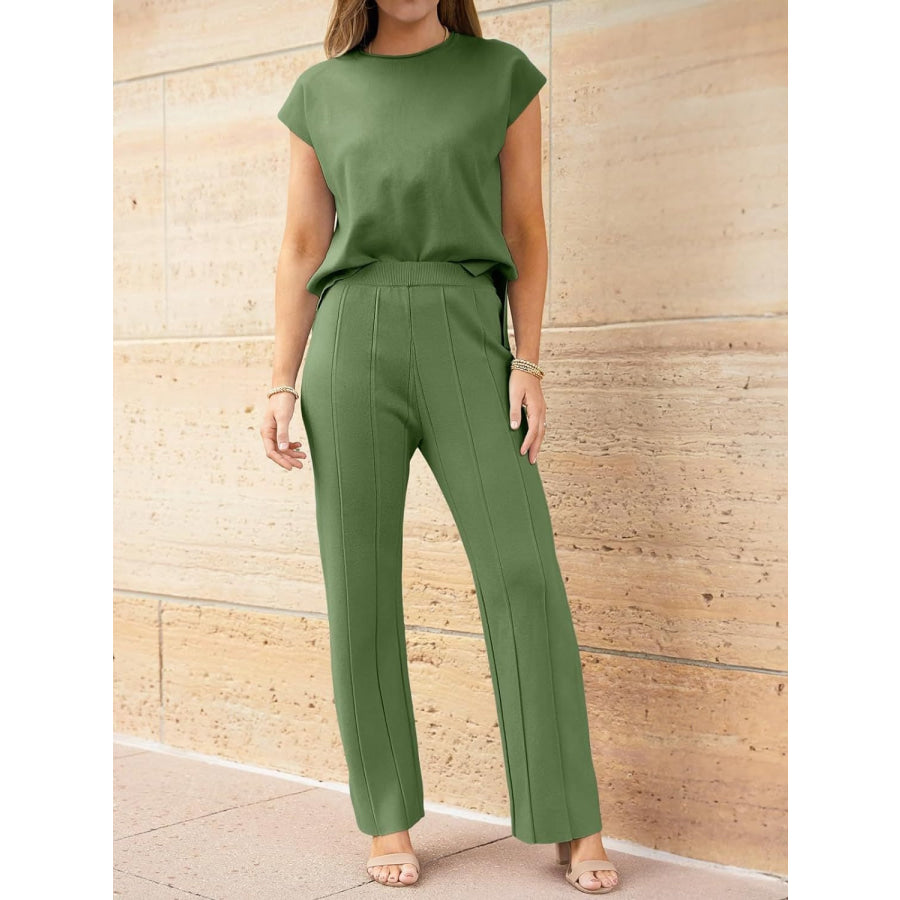 Round Neck Cap Sleeve Top and Pants Knit Set Matcha Green / S Apparel and Accessories