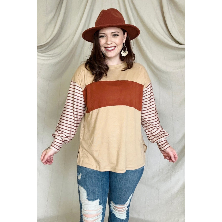 Round Neck Colorblock Striped Bishop Sleeve Top Camel / S T-shirts