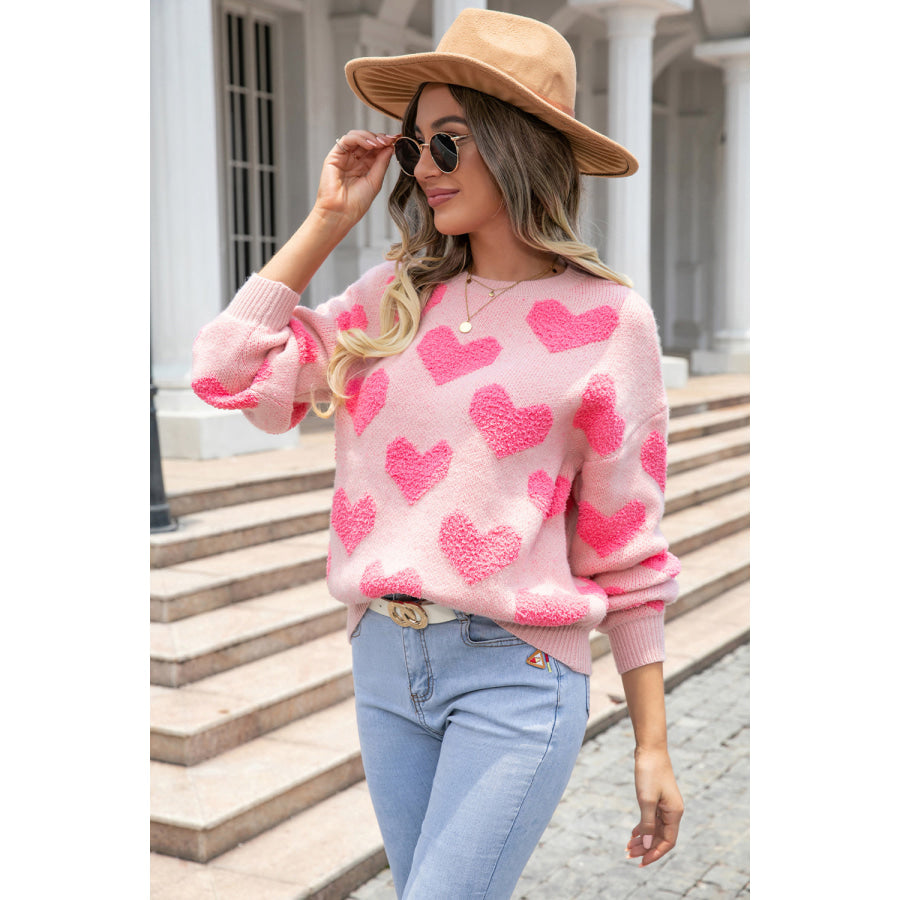 Round Neck Dropped Shoulder Sweater with Heart Pattern