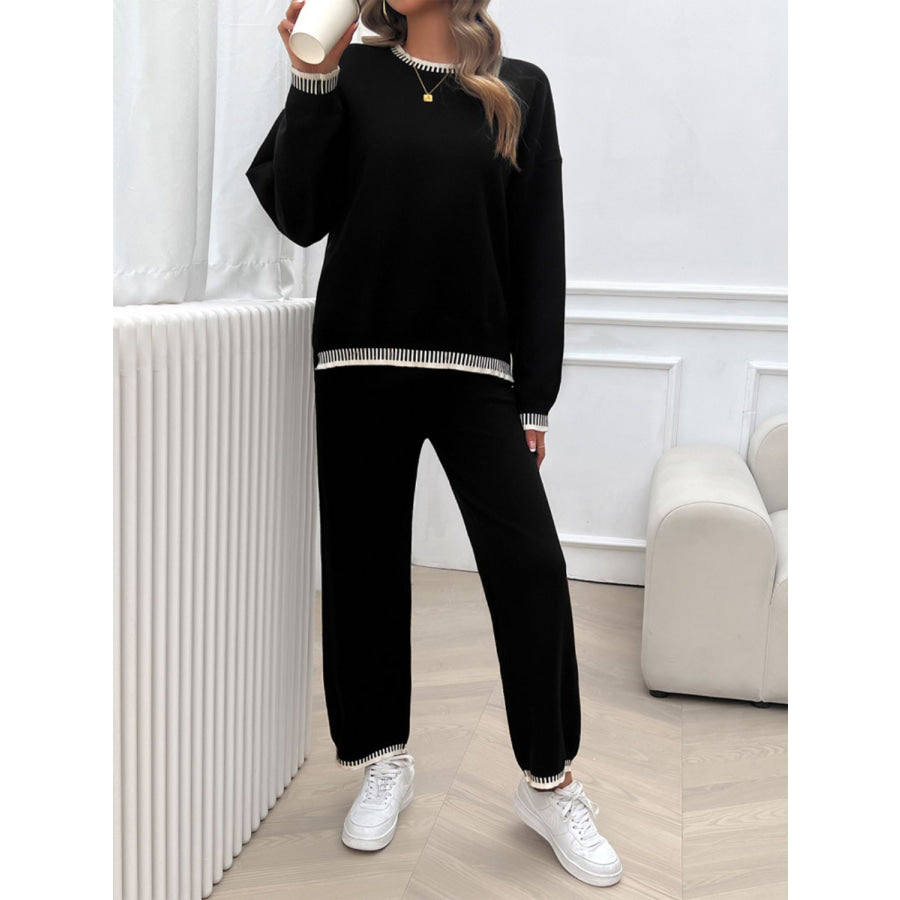 Round Neck Dropped Shoulder Top and Pants Sweater Set Apparel and Accessories
