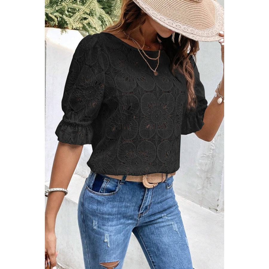 Round Neck Flounce Sleeve Blouse Apparel and Accessories